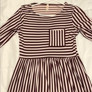 Maroon and white striped midi dress